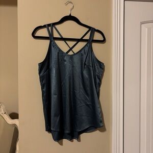 Blue crisscross tank with tags